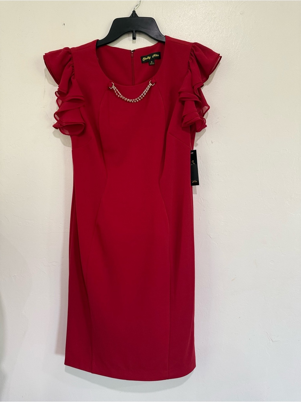 Elegant Red Midi Dress with Ruffle Cap Sleeves and Chain Detail